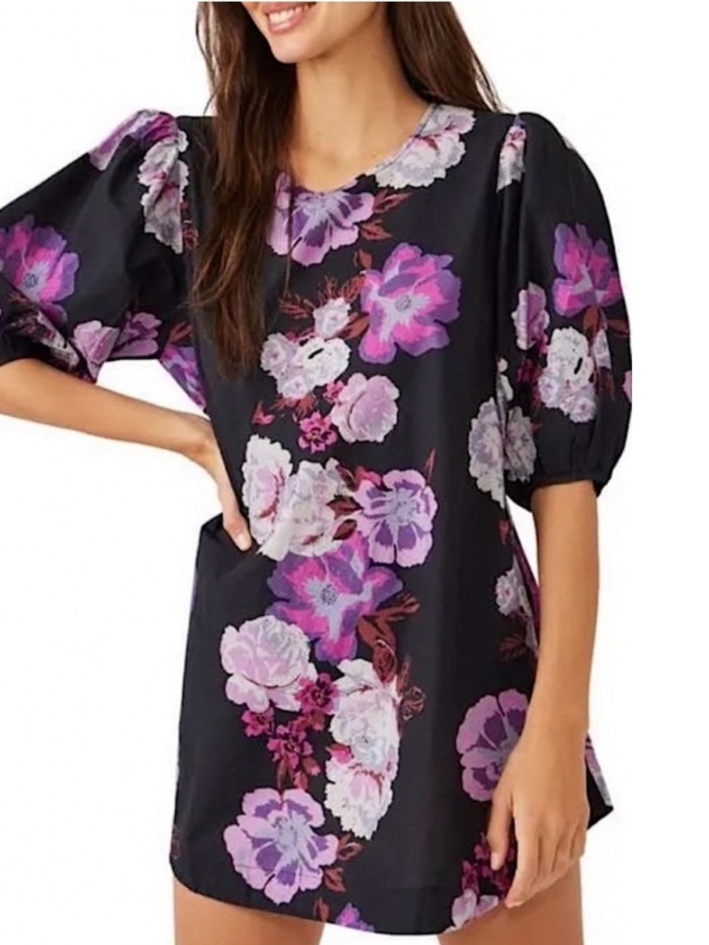 Free People Maye Floral Puff-Sleeve Tunic Dress, NEW